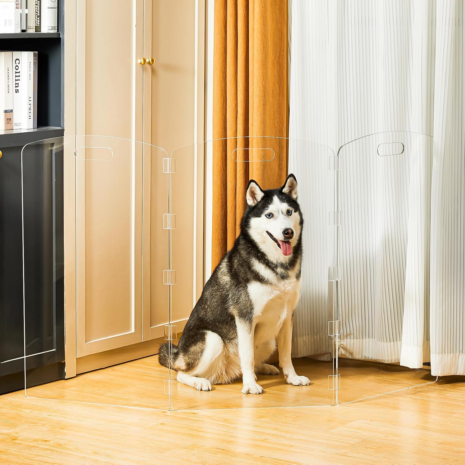 Modern Frame Clear Acrylic Freestanding Dog Gate - 32" Tall Folding 3-Panel Pet Barrier for Doorways, Stairs & Large Openings, Indoor Fence for Small to Large Dogs & Cats