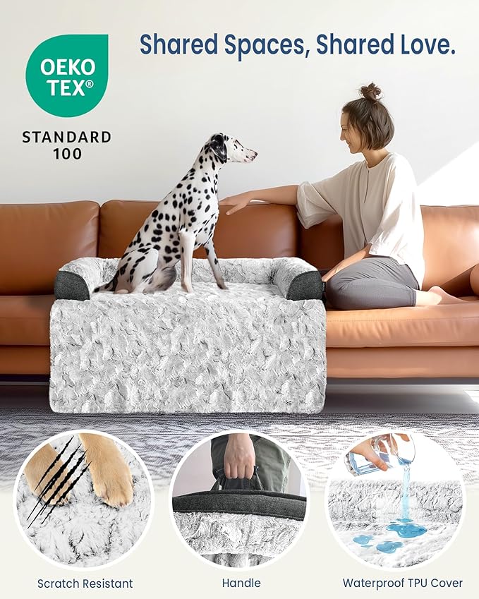 Calming Small Dog Bed for Couch, 35 x 31 inch Removable Couch Cover for Dogs Washable, Non-Slip Fluffy Plush Dog Sofa Mat for Furniture Protector - Grey