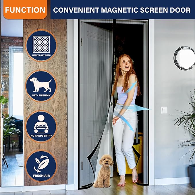 Magnetic Screen Door,Self Sealing Magnets, Easy Install Screen Doors with Magnets,Pet & Kid Friendly- Fits Doors up to36 x 78 Inches