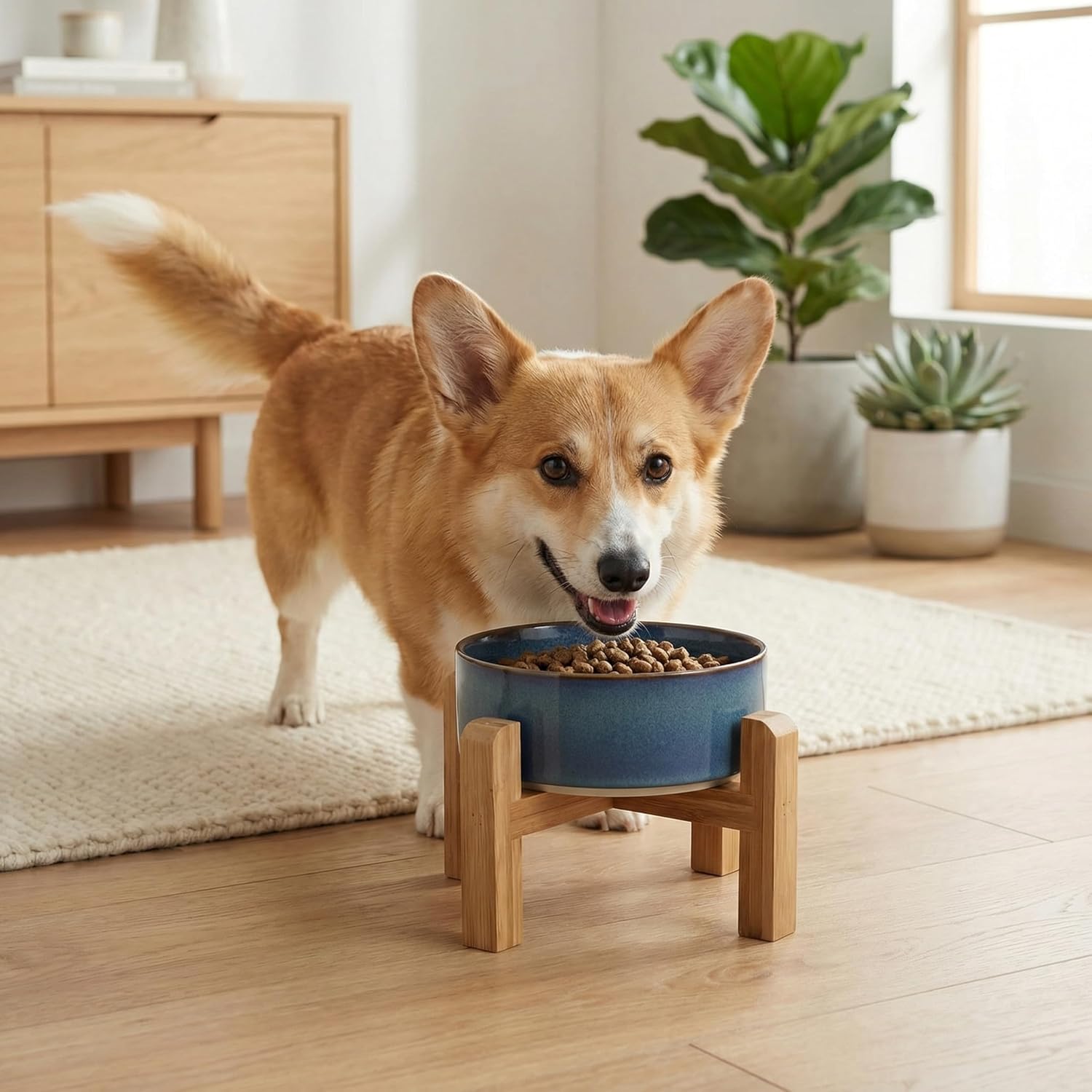 hjn Elevated Ceramic Dog Bowl with Bamboo Stand, Raised Pet Feeding Station for Small Medium Dogs Cats, Modern Design with Anti-Slip Base (Deep Blue, 3.6Cup)
