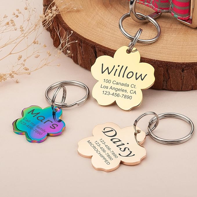 Anavia Personalized Pet ID Tags, Stainless Steel Glossy Laser Engraved Dog Cat Collar Name Tags, Multiple Colors Shapes Sizes (Cherry Blossom, Regular)