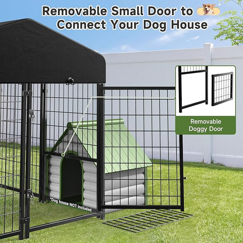 2PCS Dog Kennel Outdoor, Outside Dog Kennel with Roof & Removable Doggy Door Allow Connecting Your Dog House, Square Pet Enclosure Dog Run Yard for Medium/Small Dogs(4'Lx4'Wx4.6'H)
