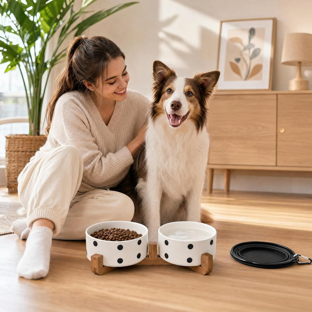 Petygooing Ceramic Dog Bowl Set with Stand,Cat Pet Food and Water Dishes,Small Dog Bowls Anti -Slip Set of 2 Cat Bowls Pet Food Dish Small Size Pet (13.5OZ/5.1 in) Black Dot