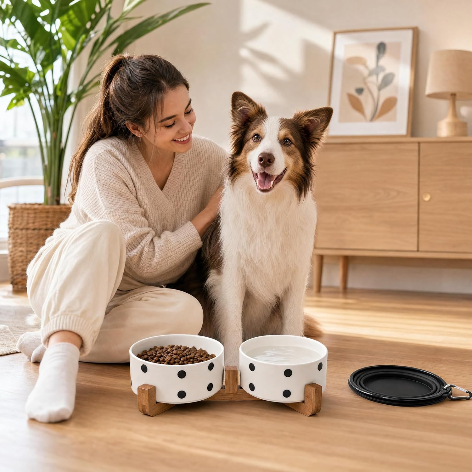 Petygooing Ceramic Dog Bowl Set with Stand,Cat Pet Food and Water Dishes,Small Dog Bowls Anti -Slip Set of 2 Cat Bowls Pet Food Dish Small Size Pet (13.5OZ/5.1 in) Black Dot