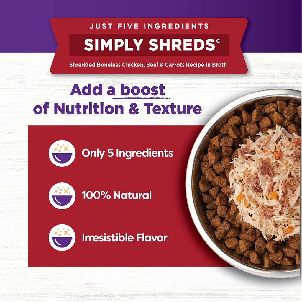 Wellness Bowl Boosters Simply Shreds Wet Dog Food Topper for Small, Medium, and Large Breeds, Grain Free, Natural, Beef and Carrots Recipe, 2.8 oz, Pack of 12 Pouches