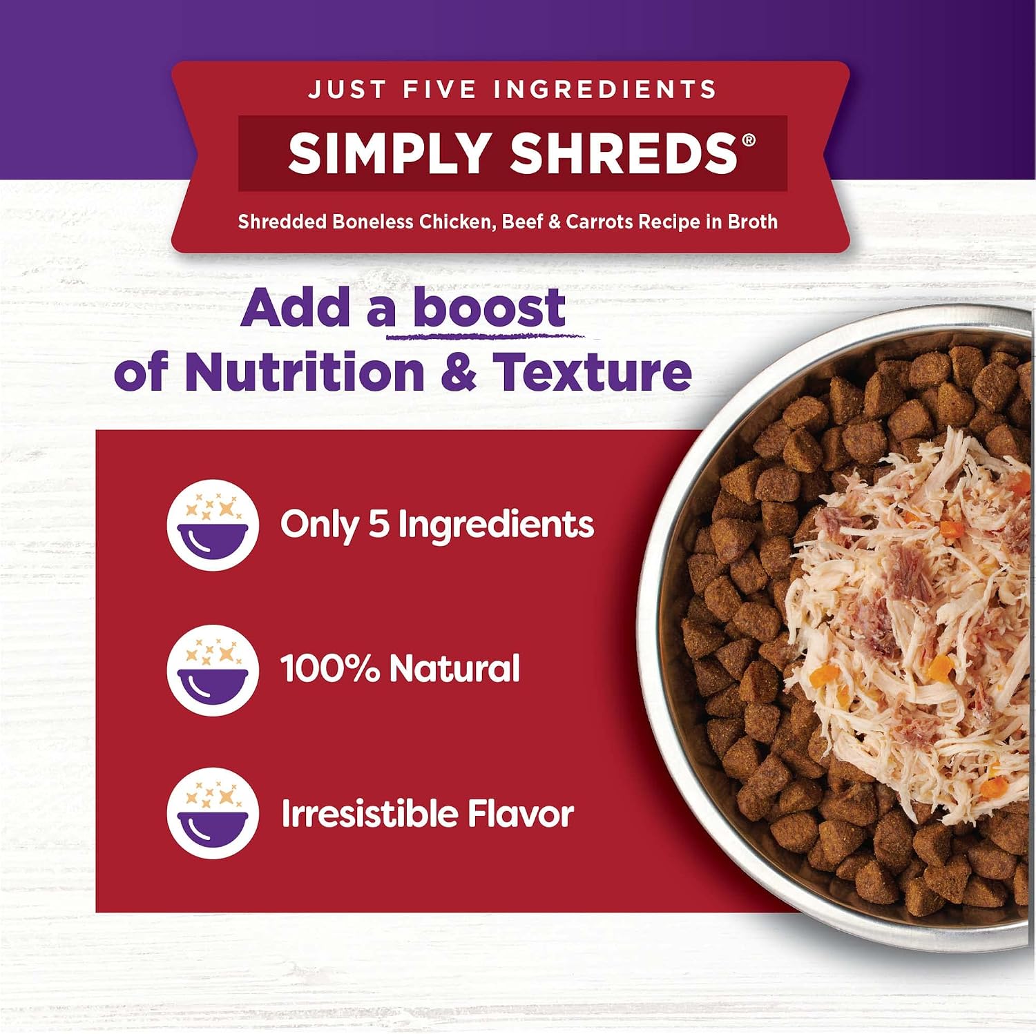 Wellness Bowl Boosters Simply Shreds Wet Dog Food Topper for Small, Medium, and Large Breeds, Grain Free, Natural, Beef and Carrots Recipe, 2.8 oz, Pack of 12 Pouches