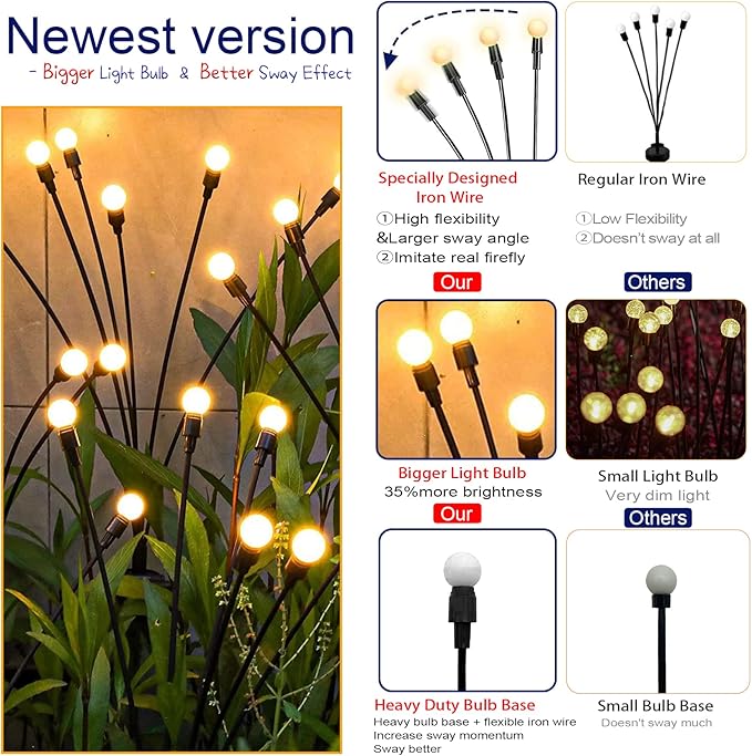 TONULAX Solar Garden Lights - Upgraded Solar Swaying Light, Sway by Wind, Outdoor Lights, Yard Patio Pathway Decoration, High Flexibility Iron Wire & Heavy Bulb Base, Warm White(2 Pack)