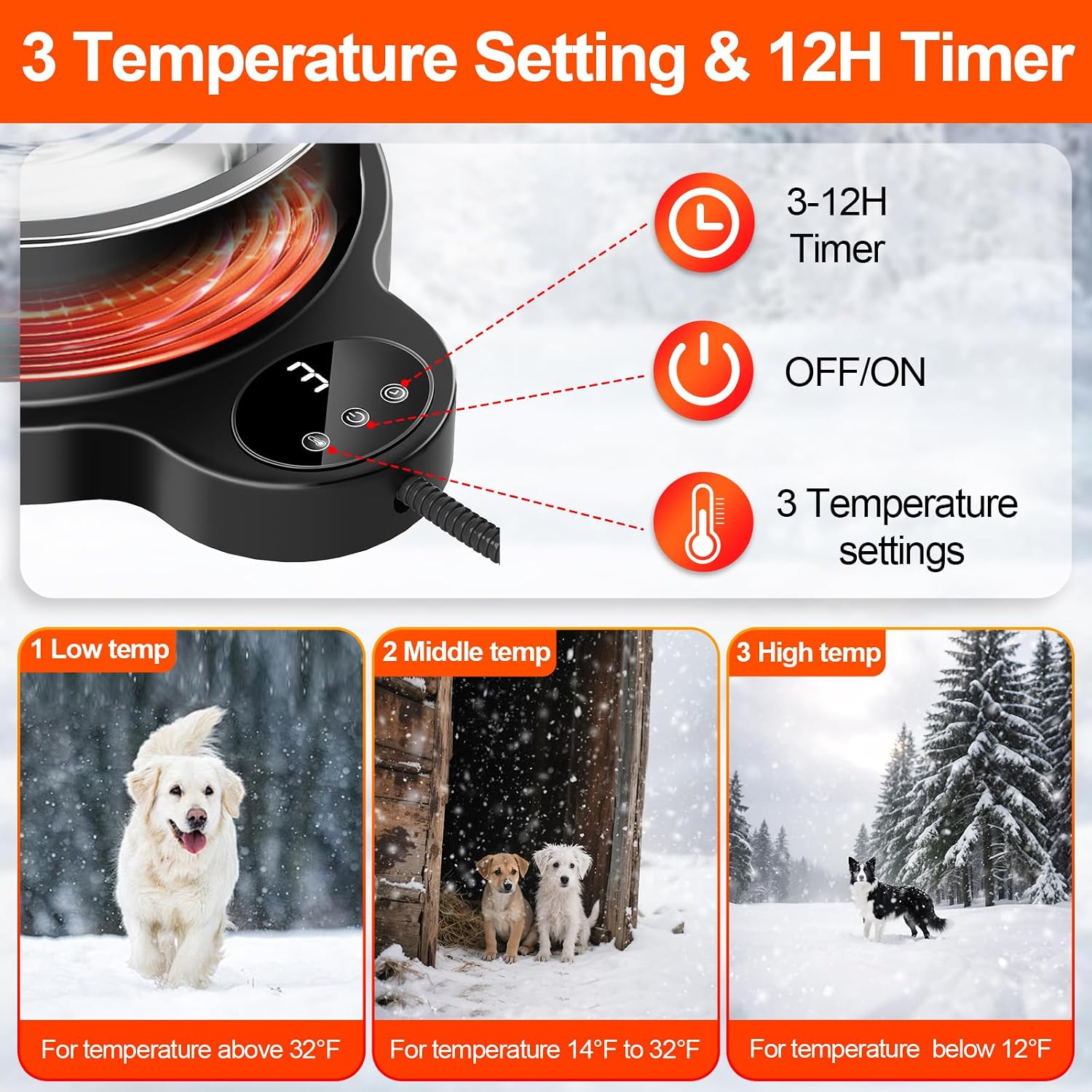 Heated Water Bowl for Dog Cat,Outdoor Heated Pet Bowl Food Bowl with 3 Temperature Settings & 12H Timer,50 oz Removable Stainless Steel Bowl,79" Anti-Chew Cord,for Dogs Cats Chickens Ducks Birds