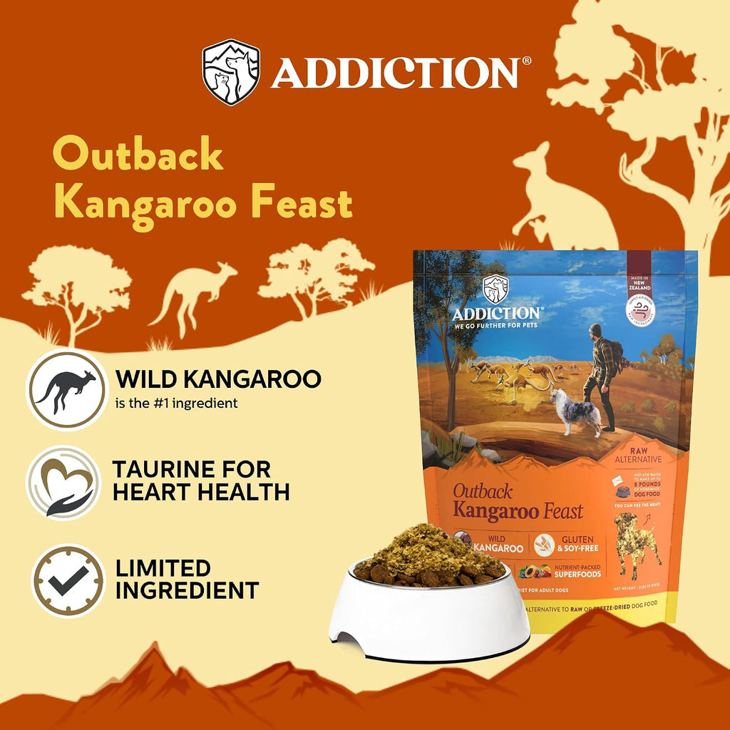 Addiction Outback Kangaroo Feast Air-Dried Grain-Free Dog Food – Complete Meal or Topper with Natural Ingredients for Digestive and Skin & Coat Health, 2lb - 4 Packs