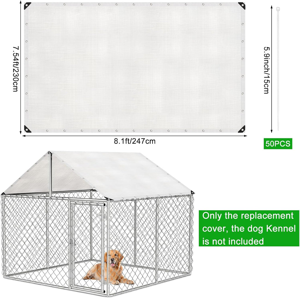 Outdoor Dog Kennel Cover Waterproof, 7.5 x 8 FT UV Protection Dog Fence Tarp with 50 Zip Ties for Outside Large Dog Enclosure Cage (Cover Only)