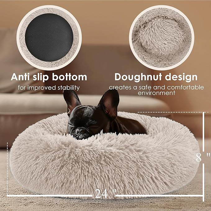 Dogs Bed for Small Dogs, Anti-Anxiety Washable Round Bed (Brown, 24.0" L x 24.0" W x 8.0" Th)