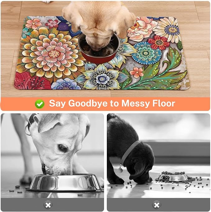 Absorbent Pet Dog Bowl Mat for Food and Water, Pet Cat Food Feeding Mat with Non Slip Rubber Backing, Dog Food Mats for Floors Waterproof, 16"x24"