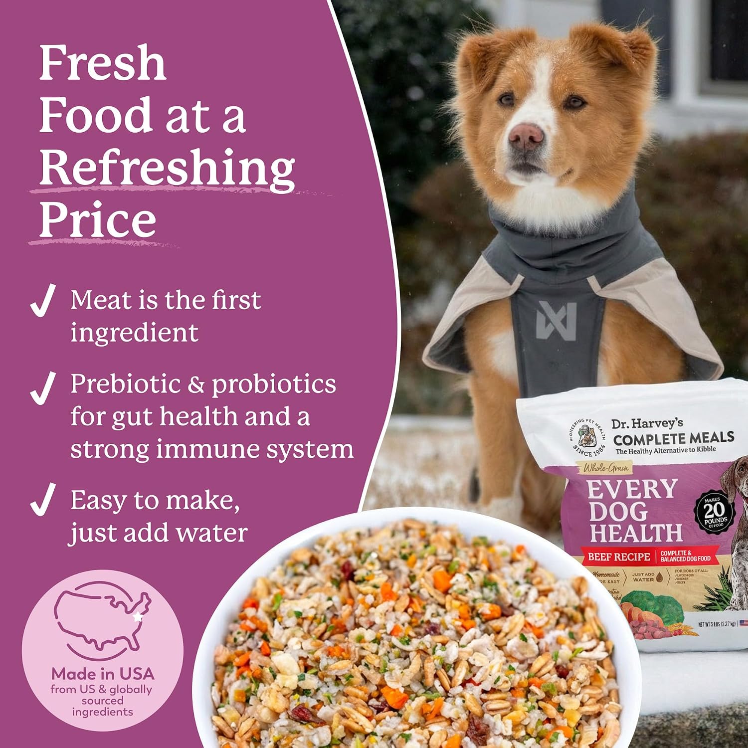 Dr. Harvey's Every Dog Health, Meal with Dehydrated Beef (5 lb) | Complete & Balanced - Organic Whole Grains, Vegetables & Probiotics - Makes 20 Lb of Food