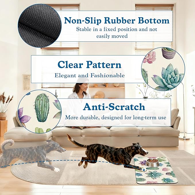 Cactus Flower Pet Feeding Mat for Floors–Christmas Stocking Absorbent Quick Dry Dog Cat Bowl Mat for Food and Water, Non Slip Waterproof Base, Mess-Free Feeding Accessories 16"x24"