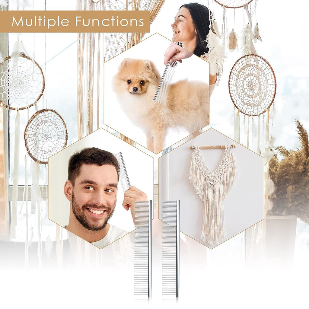 2 Pieces Macrame Comb and Tassel Brush Kit - Stainless Steel Combs for Pet Grooming, Macrame Fringe Cord and Supplies (Silver)