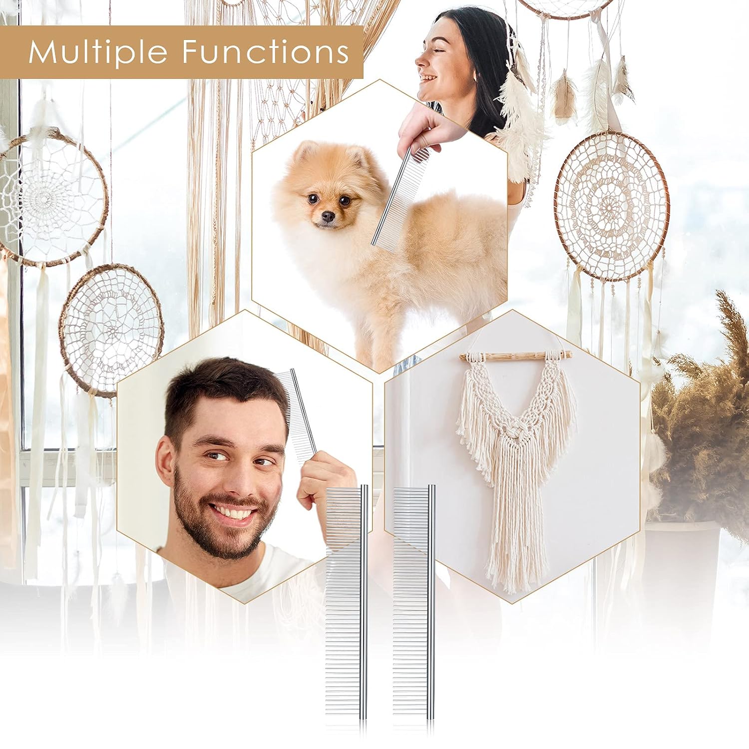 2 Pieces Macrame Comb and Tassel Brush Kit - Stainless Steel Combs for Pet Grooming, Macrame Fringe Cord and Supplies (Silver)