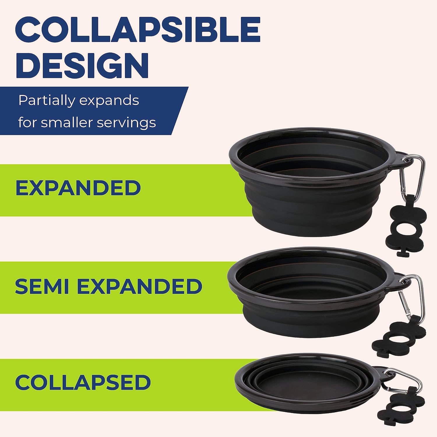 Bonza Collapsible Dog Water Bowl - BPA-Free Silicone Dog Dish - Reinforced Rim Collapsible Bowl - Carabiner Clip Travel Dishes for Pets - for Hiking, Camping & Car Trips - Large 33 Oz, Navy Blue