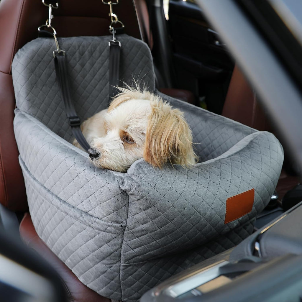 Dog Car Seat for Small/Medium Dogs,2 Adjustable Seat Belt,Memory Foam with Soft Fabric Pets Travel Car Bed with Non-Slip Bottom,Easily Installed in Front and Back Seats,Removable and Washable(H-Grey