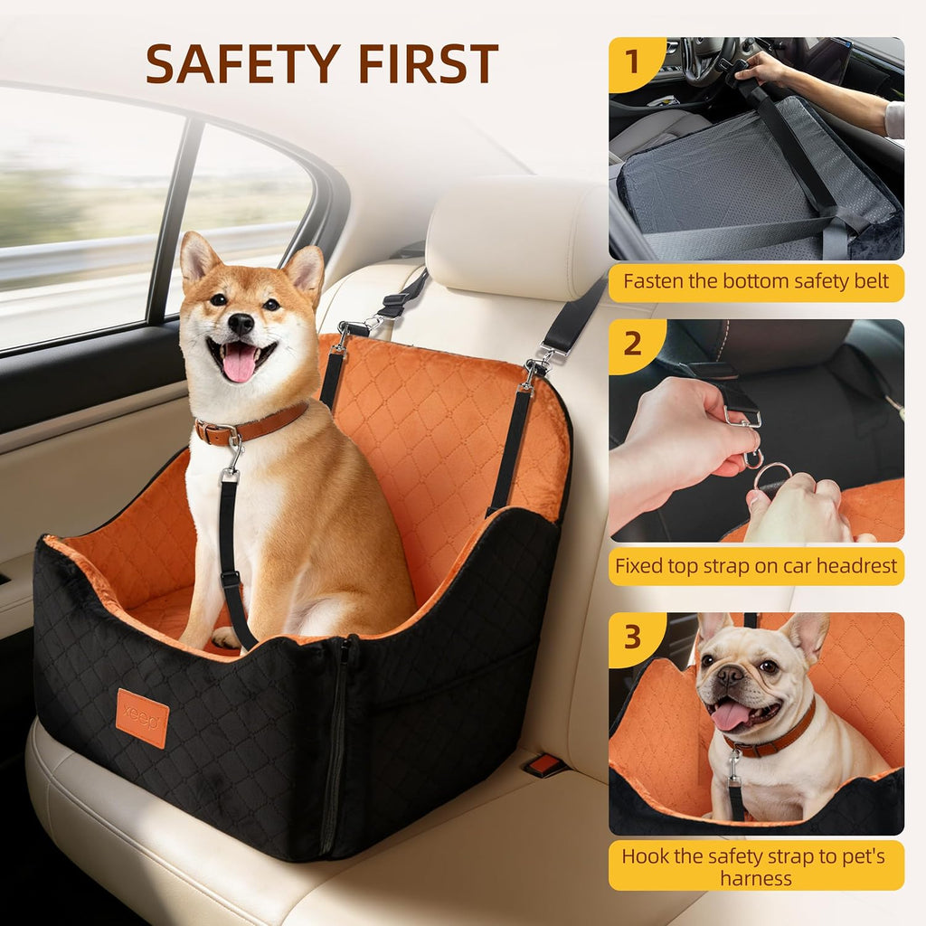 XEEP Dog Car Seat Booster Seat with Blanket & Pee Pad for Small Pet Travel | 35lbs Max Load, High Density Memory Foam Dog Bed for Car, 5 Inch Elevated View, Adjustable Dog Seat Belt for Car, Washable