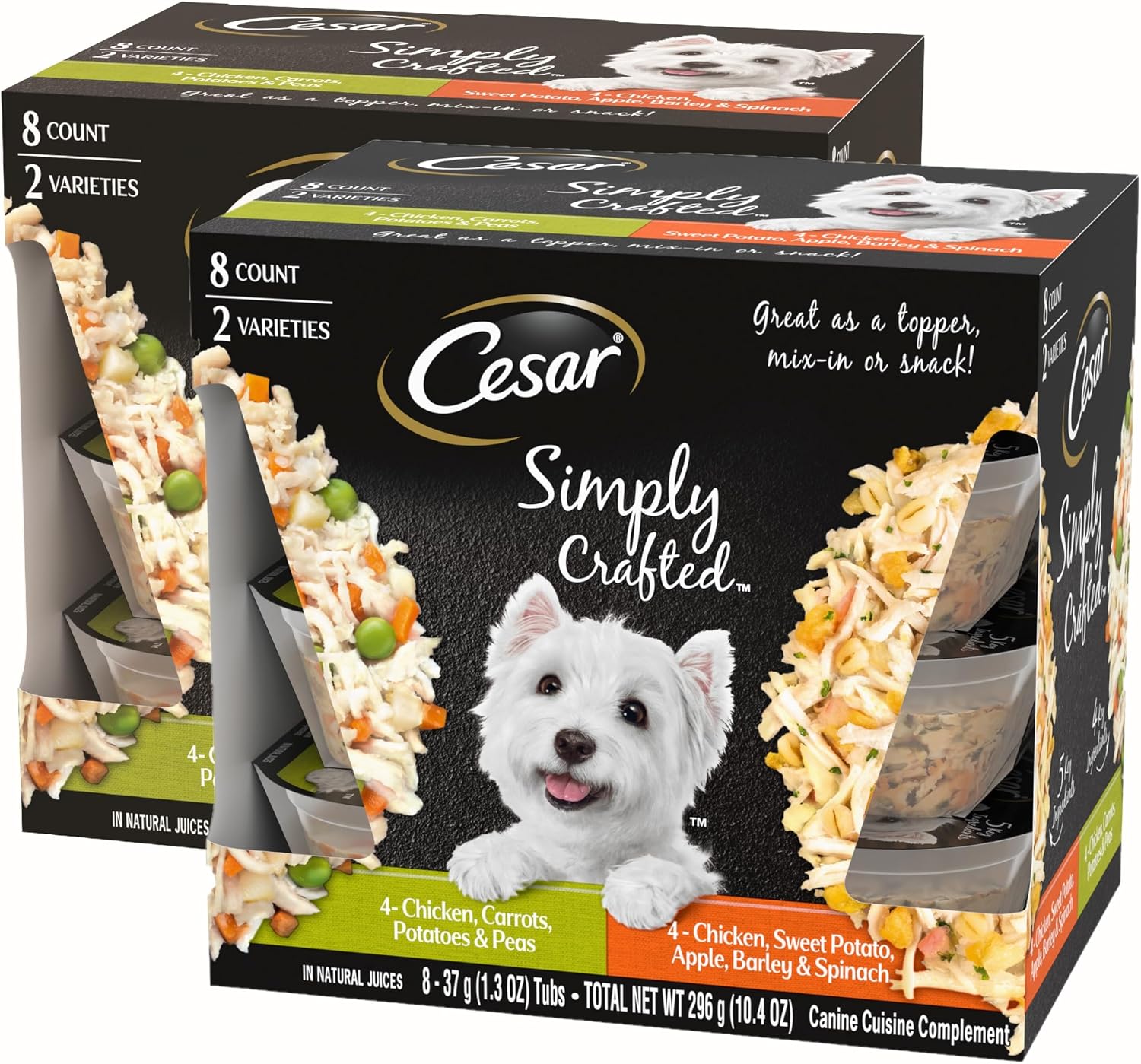 Cesar Simply Crafted Dog Food Topper, Chicken Pack, 1.3 oz, 8 Count, 2-Pack | Real chicken #1 ingredient, 5 key ingredients or less, slow-cooked, mix with food or serve alone, mess-free single-serve tubs