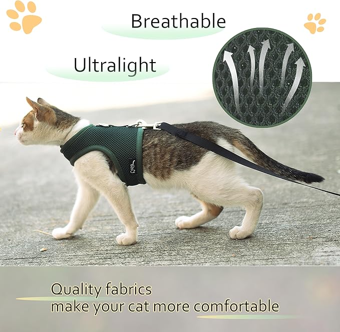 Cat Harness and Leash for Walking Escape Proof Breathable Mesh Fabric, Solid Green, XX-Large, Adjustable Cat Walking Jackets, Padded Stylish Cat Vest