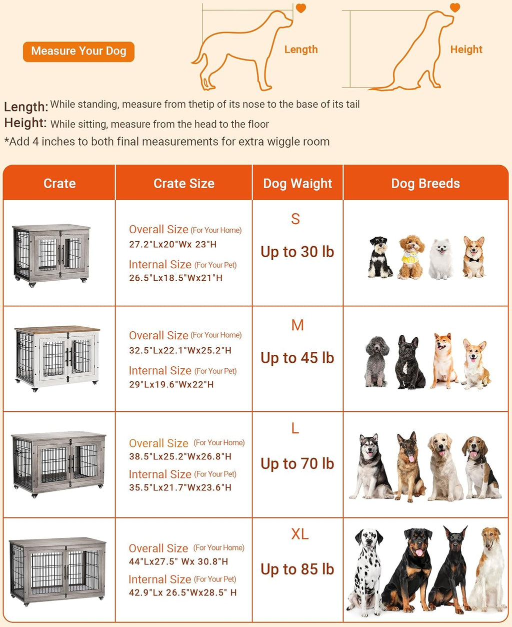 Medium Dog Crate Furniture, 32'' Heavy Duty Kennel w/Cushion & Wheels | White, Double Doors, Wooden Dog Cage, Chew-Resistant, End Table, Decorative, 27"/32"/38"/44" Options, Indoor