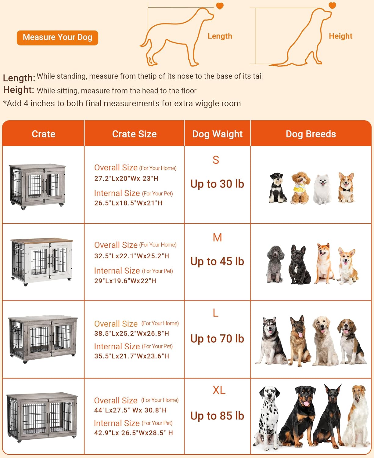Medium Dog Crate Furniture, 32'' Heavy Duty Kennel w/Cushion & Wheels | White, Double Doors, Wooden Dog Cage, Chew-Resistant, End Table, Decorative, 27"/32"/38"/44" Options, Indoor