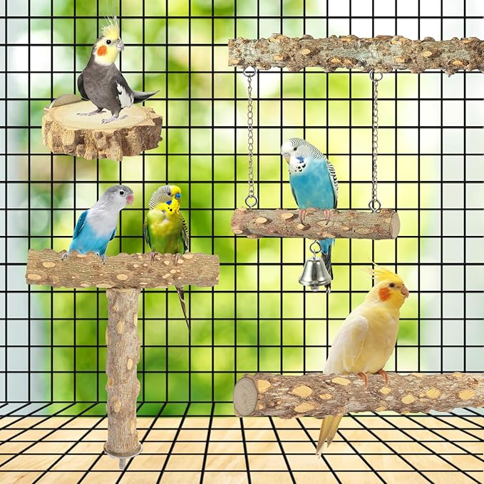 Bird Perches,4pcs Natural Wood Birds Stand Branch, Bird Perch Chewing Stick Cage Accessories Parrot Climbing Standing Branches Paw Grinding Fork Sets for Parakeet Lovebirds Cockatiels Conure Budgies