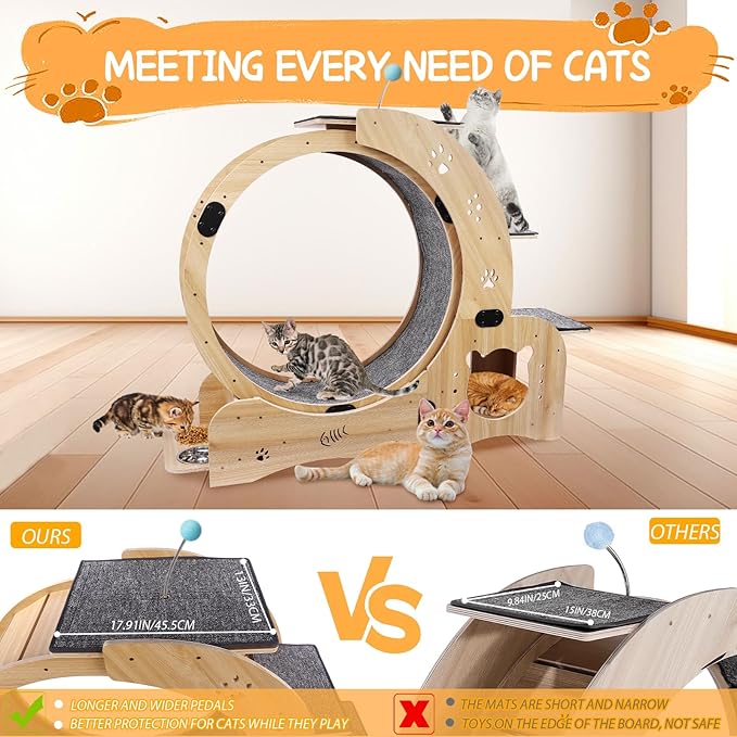 6-in-1 Cat Exercise Wheel - Quiet Wood Cat Treadmill with Cat House, Tree & Feeding Bowls - Sturdy Indoor Cat Activity Center for Running & Play - Large Cat Furniture with Scratching Pad