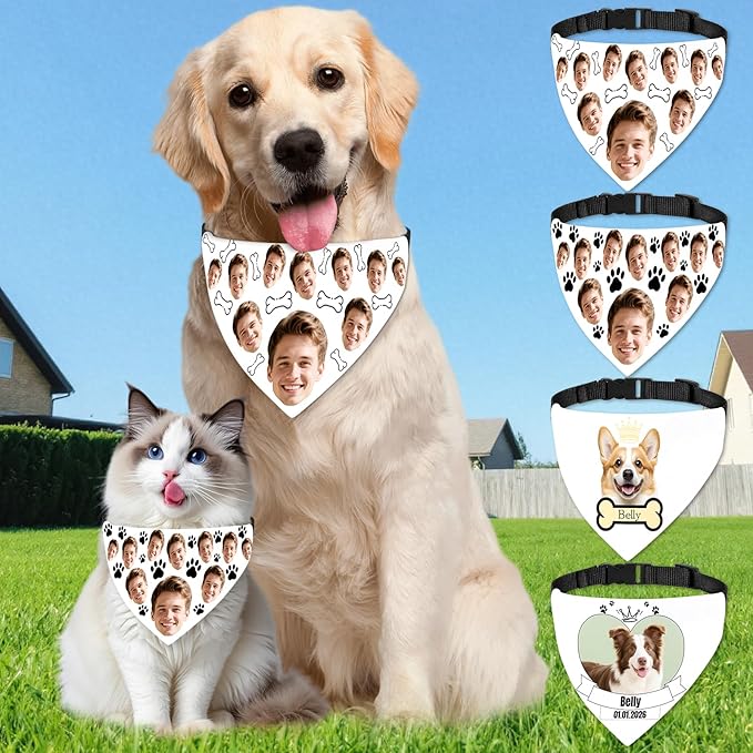 Funny Personalized Dog Bandana Custom Face Design, Custom Dog Bandana with Name, Pet Scarf for Small Medium Large Dogs Personalized Pet Accessories (Funny Style, Medium)