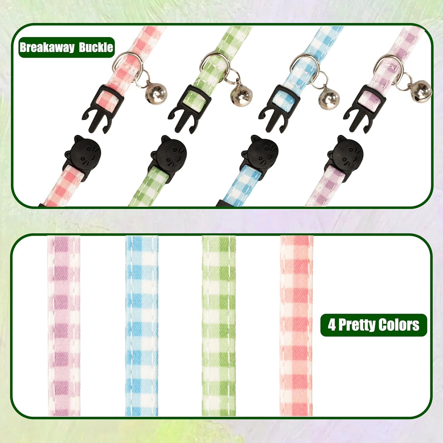 Cat Collar 4pcs Set Safety Breakaway with Bell Kitten 7-11" Multi Pack Cute Girl Boy Pet Basic Adjustable [4pcs] Plaid