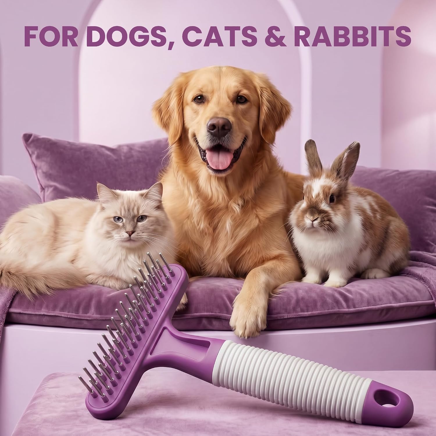Poodle Pet Dog Grooming Rake| Dematting Tool with Stainless Steel Shedding Comb for Pets | 2 Rows of Pins Gently Remove Loose or Tangled Hair from Undercoat | Purple Handle
