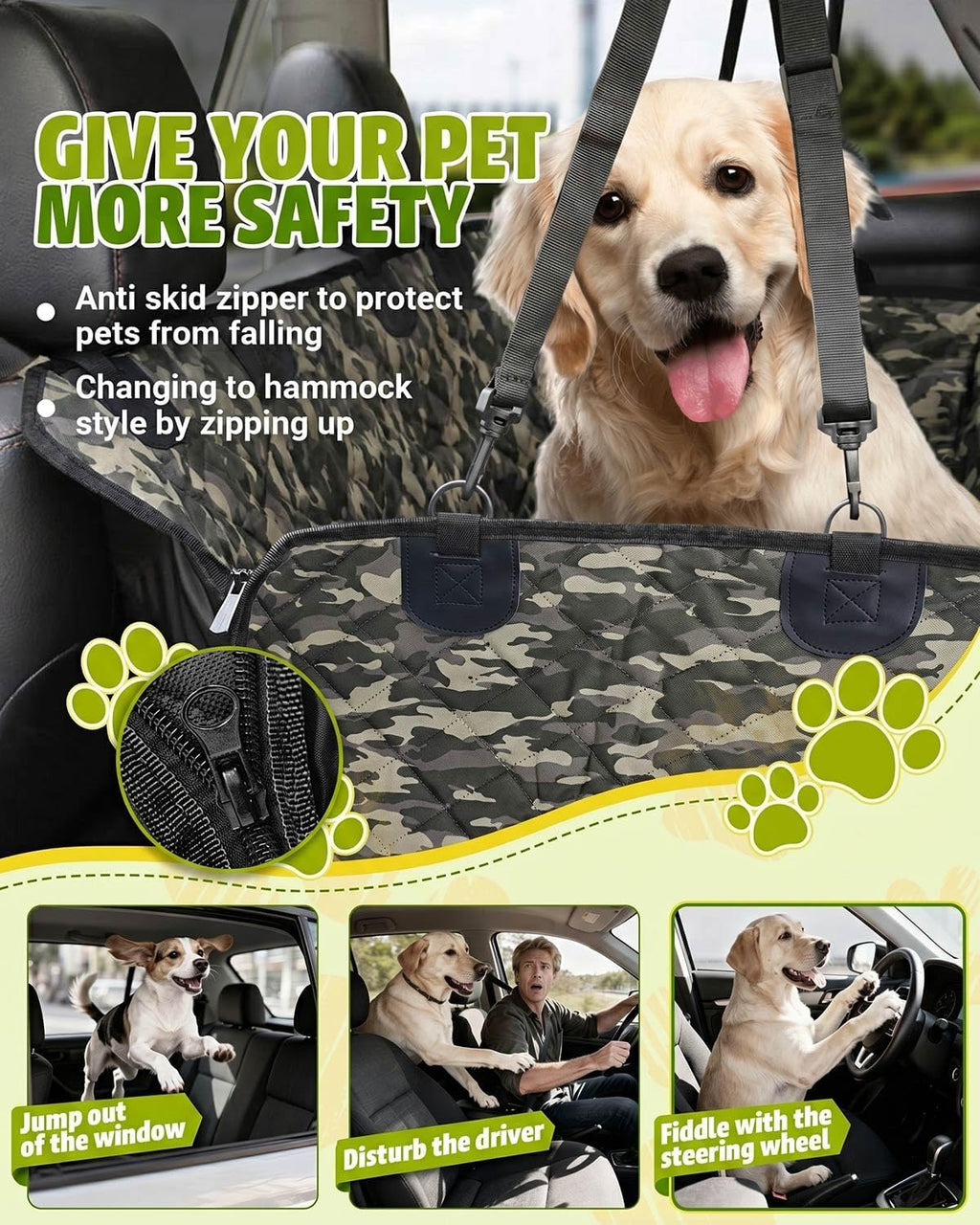 Dog Car Seat Cover, 600D Heavy Dute Car Seat Cover for Dogs Pets, 100% Waterproof Anti-Scratch Nonslip Dog Hammock for Cars, Seat Covers Protector with SeatBelt for Sedan SUV Truck Standard Camo