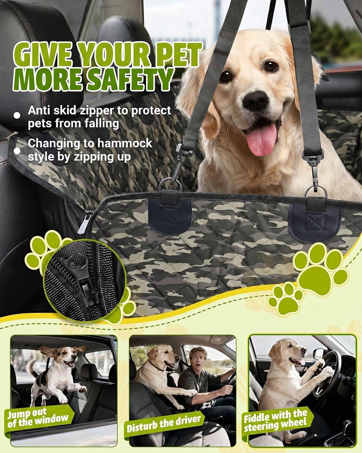 Dog Car Seat Cover, 600D Heavy Dute Car Seat Cover for Dogs Pets, 100% Waterproof Anti-Scratch Nonslip Dog Hammock for Cars, Seat Covers Protector with SeatBelt for Sedan SUV Truck Standard Camo