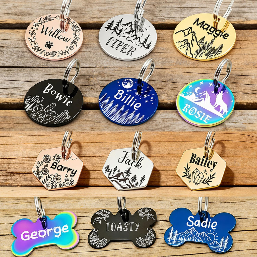 Personalized Pet ID Tags,Custom Stainless Steel Dog and Cat Tags (Hexagon) | Customizable Hexagon, Bone and Round Shapes, Multiple Designs with Mountain, Floral, and Night Sky Patterns,Laser engraving