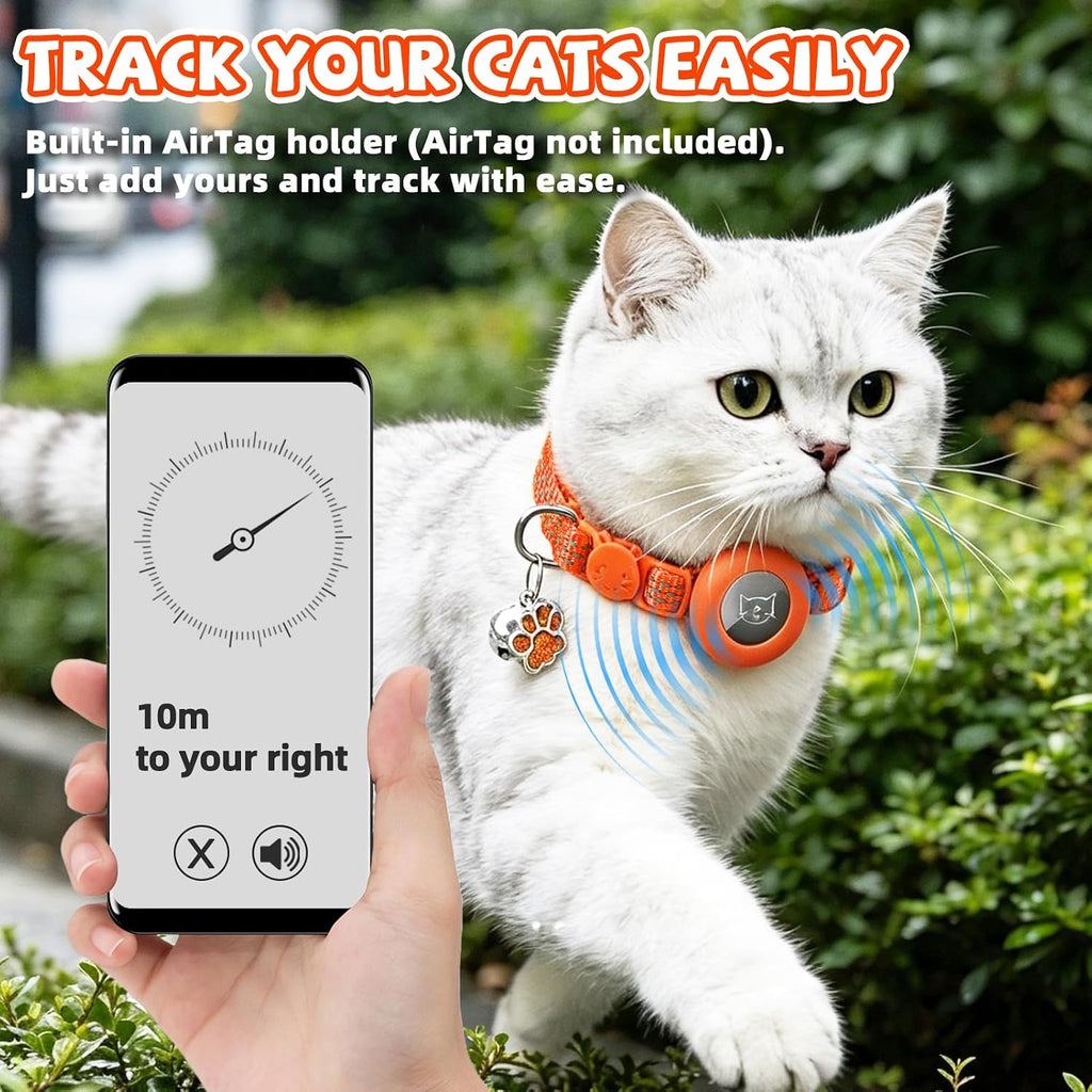 PUPTECK AirTag Cat Collar Breakaway with Bells, Adjustable Kitten Collar | Outfit for Girl Boy Small Pet Puppy Bunny, Cute Costume Accessory with Safety Release Buckle, (Airtag-Orange&Purple)