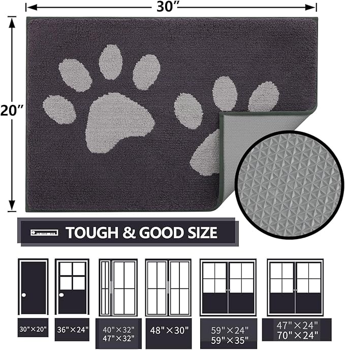 Buganda Dog Door Mat for Muddy Paws, Absorbent Dirt Trapper Washable Indoor Doormats, Non Slip Low-Profile Mud Mat for Dogs, Front Entrance Doormat for Inside Floor (70x47 Inches, Dark Grey)