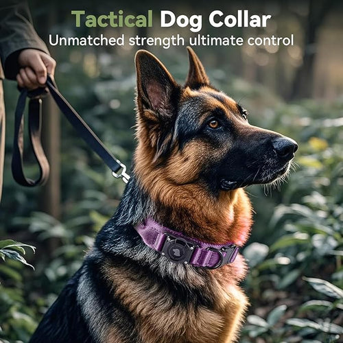 2025 Upgrade Waterproof AirTag Dog Collar, Military Tactical Dog Collar with AirTag Holder, Comfortable Control Handle and Metal Buckle, GPS Dog Collar Holder for Medium to Large Dogs (Purple, XL)