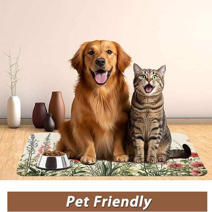 Vintage Flower Botanical Garden Dog Cat Food Mat,Absorbent Pet Feeding Mat for Food and Water,Non-Slip Dog Bowl Mats Floor Protector 16"x24"
