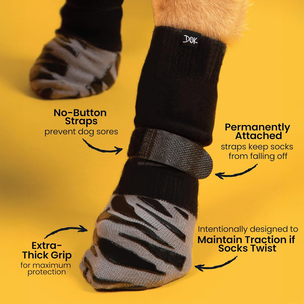 DOK TigerToes Premium Non-Slip Dog Socks for Hardwood Floors - Extra-Thick Grip that Works Even When Twisted - Prevents Licking, Slipping, and Great for Dog Paw Protection - Size Large