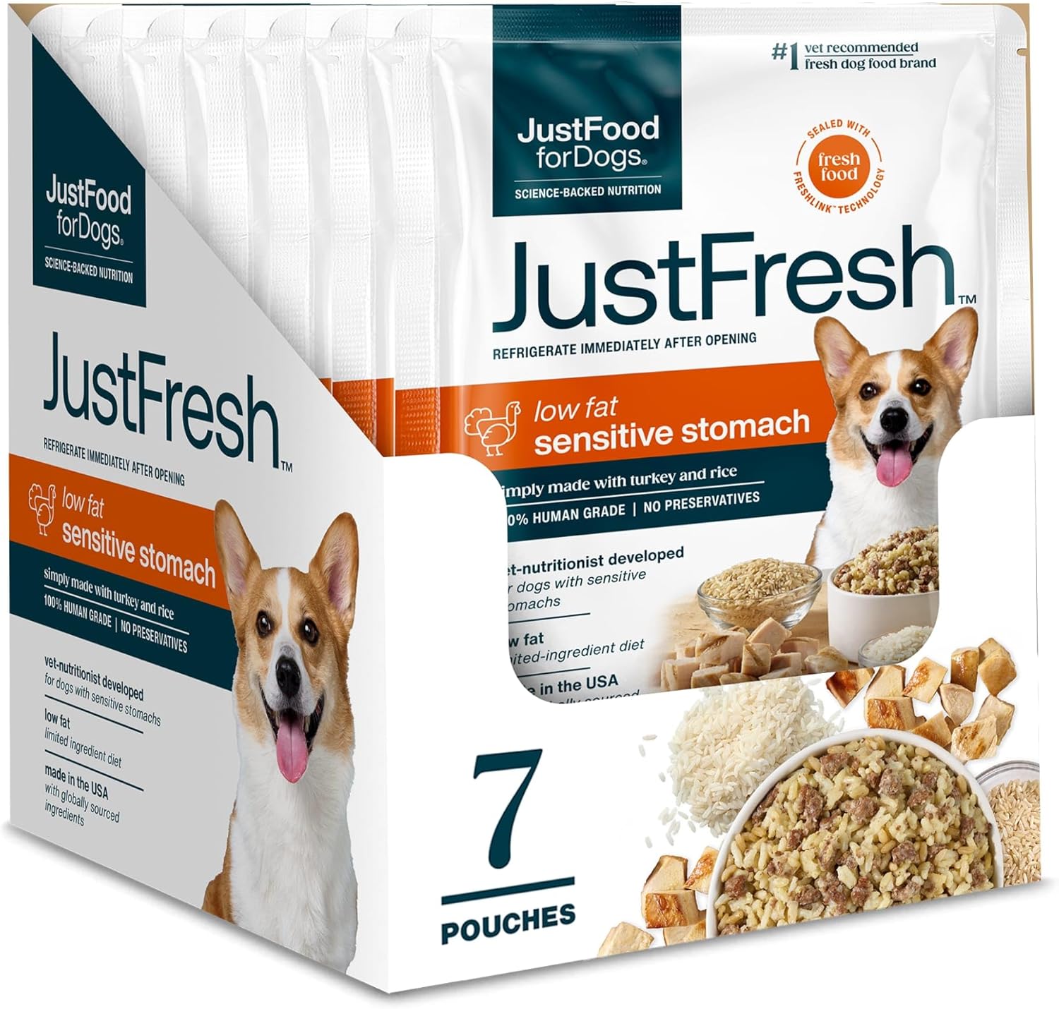 JustFoodForDogs JustFresh Fresh Sensitive Stomach Dog Food Pouches - 7 Pack | Shelf Stable Dog Food for Sensitive Stomachs, Human-Grade Turkey & Rice, Gentle Digestion, Gut Health Support, 12 Oz Pouch