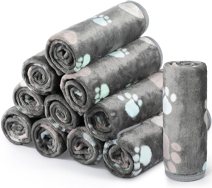Tegeme 12 Pcs Pet Blankets Soft Fluffy Fleece Dog Cat Warm Paw Print Pattern Blankets Flannel Throw for Pets Dog Puppy Cat(23 x 16 Inch,Dark Gray)