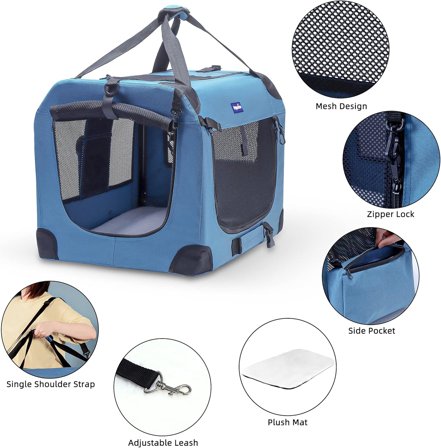 Petprsco Portable Collapsible Dog Crate, 24" Soft Dog Crate for Car Travel | Includes Mat, Blanket & Bowl, Strong Fabric, 4-sided Mesh Vents, 3 Doors, Fit Small Dogs & Large Cats Indoor and Outdoor Use