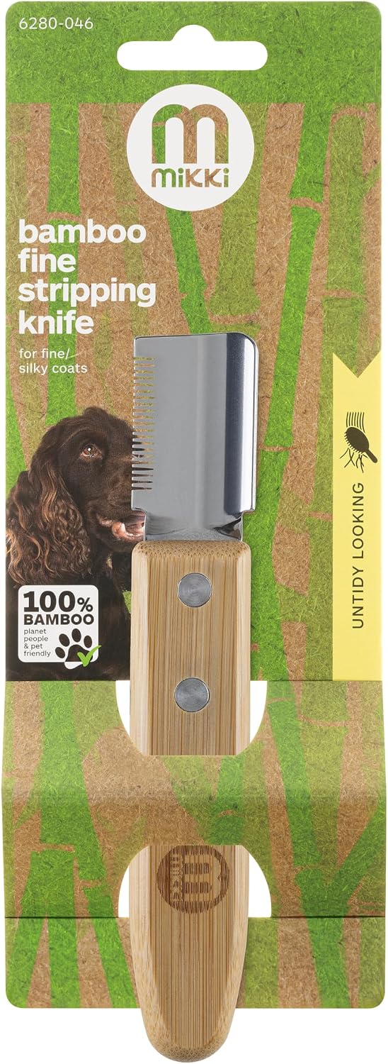 Mikki Bamboo Stripping Knife For Dog Grooming, For Stripping Overgrown Hair from Top Coat, Long Lasting Anti-Rust Blades, Easy Hold Contoured Handle, Fine Tooth for Silky Coated Dogs