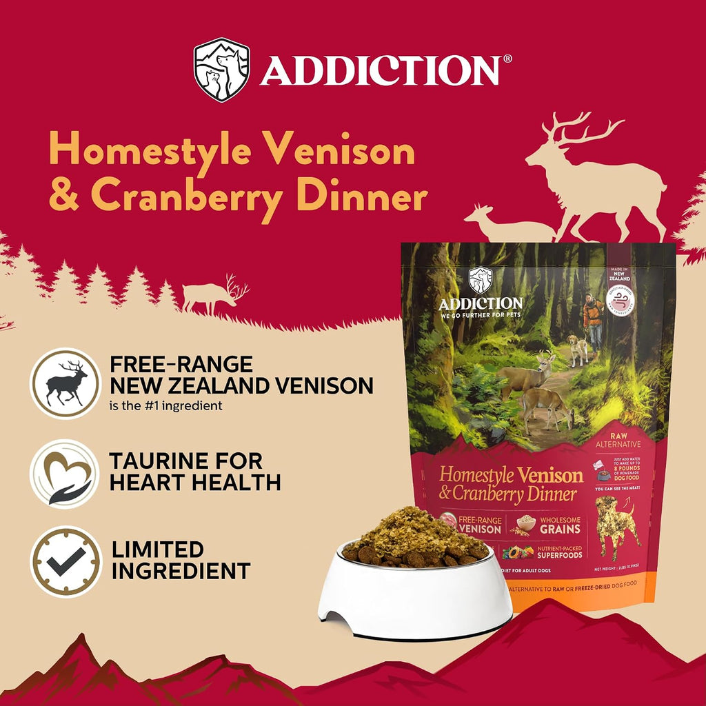 Addiction Homestyle Venison & Cranberry Dinner Air-Dried Grain-Free Dog Food – Complete Meal or Topper with Natural Ingredients for Digestive and Skin & Coat Health, 2lb - 4 Packs