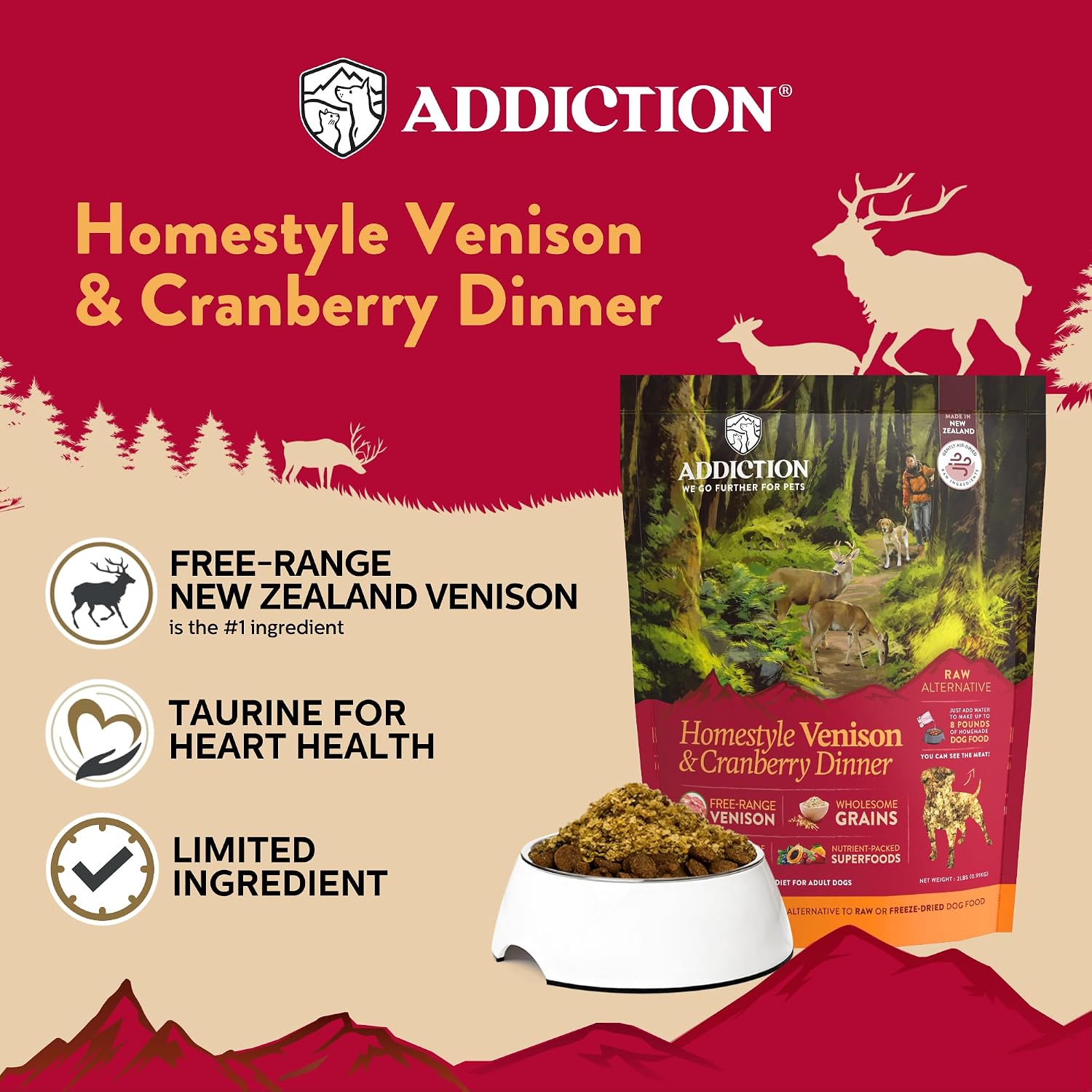 Addiction Homestyle Venison & Cranberry Dinner Air-Dried Grain-Free Dog Food – Complete Meal or Topper with Natural Ingredients for Digestive and Skin & Coat Health, 2lb - 4 Packs