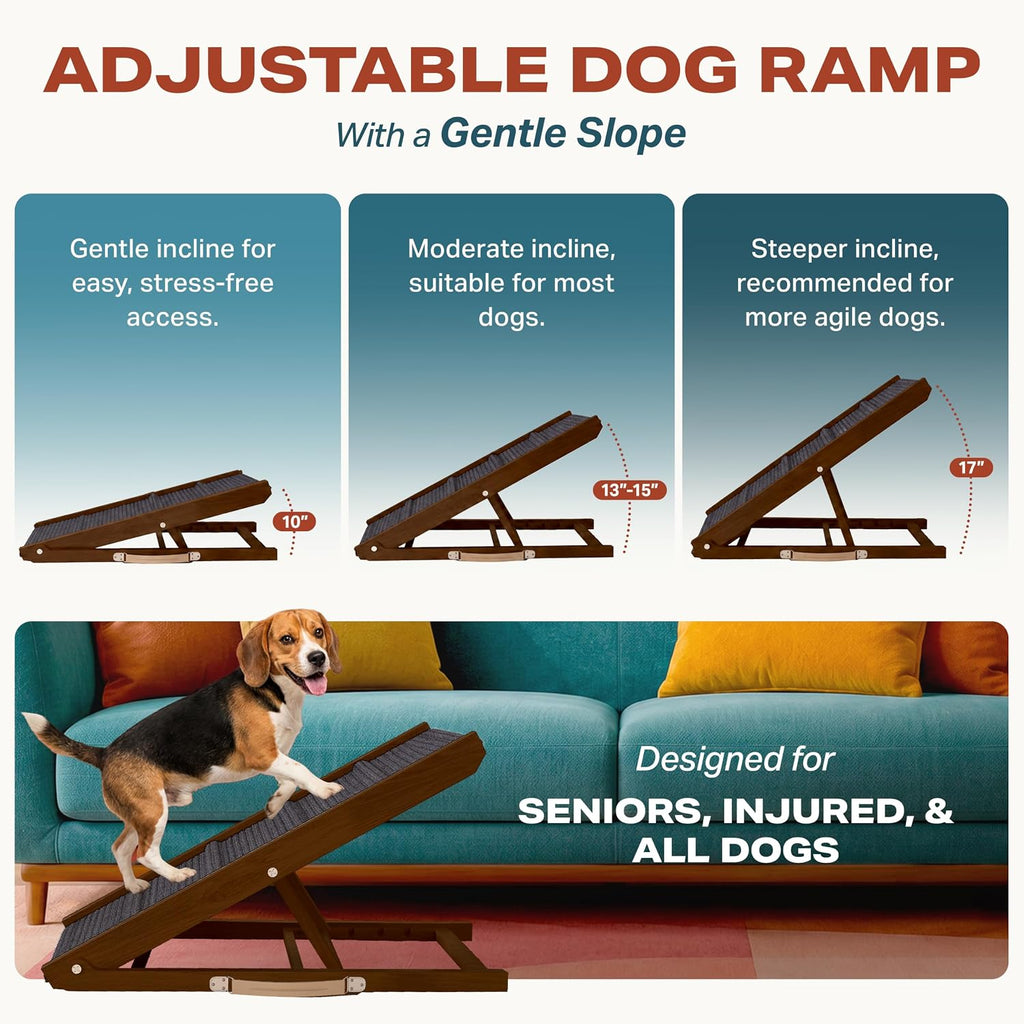 Dog Ramp - Folding Dog Ramp for Bed & Couch - Dog Stairs | 34" Long, 12.6 Wide, Portable, Solid Walnut Wood, 250 lbs Weight Capacity, Corgi, Dachshund, Beagle