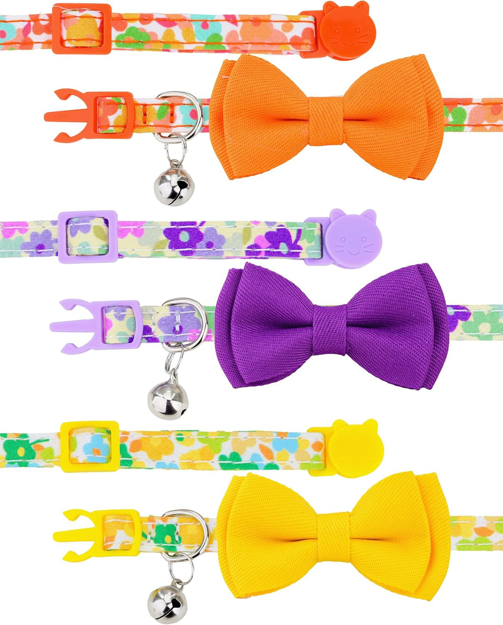 Cat Collar Set 3Packs Bow Tie Collars Plaid Solid Color Floral Flower Bell Safety Kitten Cats Pet Kitty Colorful Spring Boy Girl Cute [3pcs] Floral