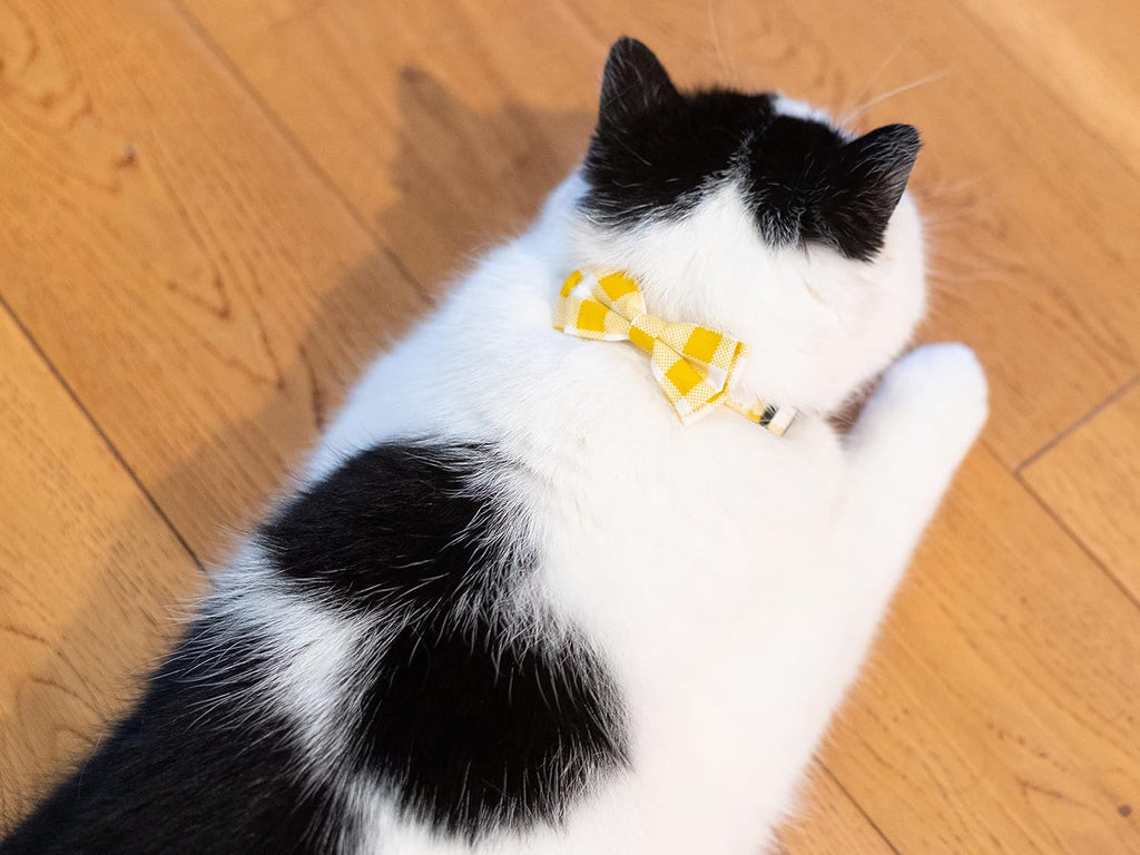 Cat Collar with Bow Tie Bell Breakaway Bowtie 2pcs Set Spring Plaid Flower Floral Solid Boy Girl Cute Kitten Safety A Yellow Flower & Plaid