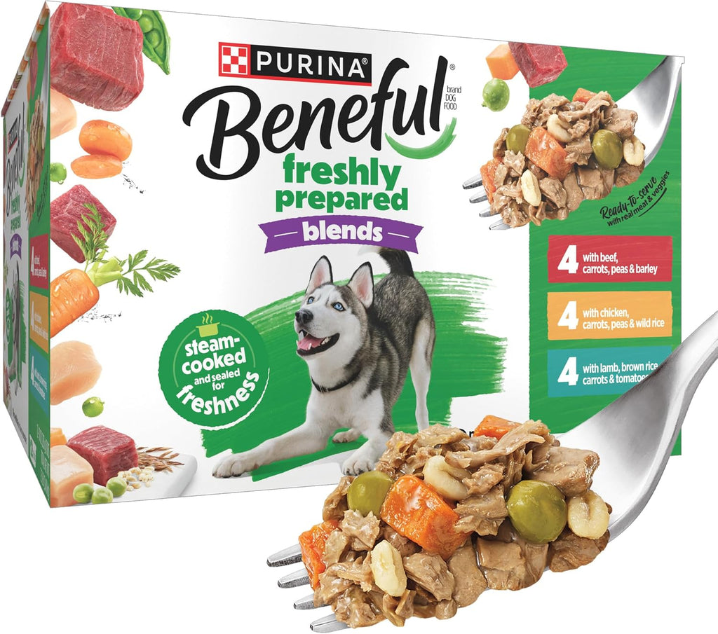 Purina Beneful Freshly Prepared Blends Variety Wet Dog Food, (12) 10 oz Tub | Variety pack of beef, chicken and lamb, serve as high protein dog food in gravy or meal topper, resealable tubs